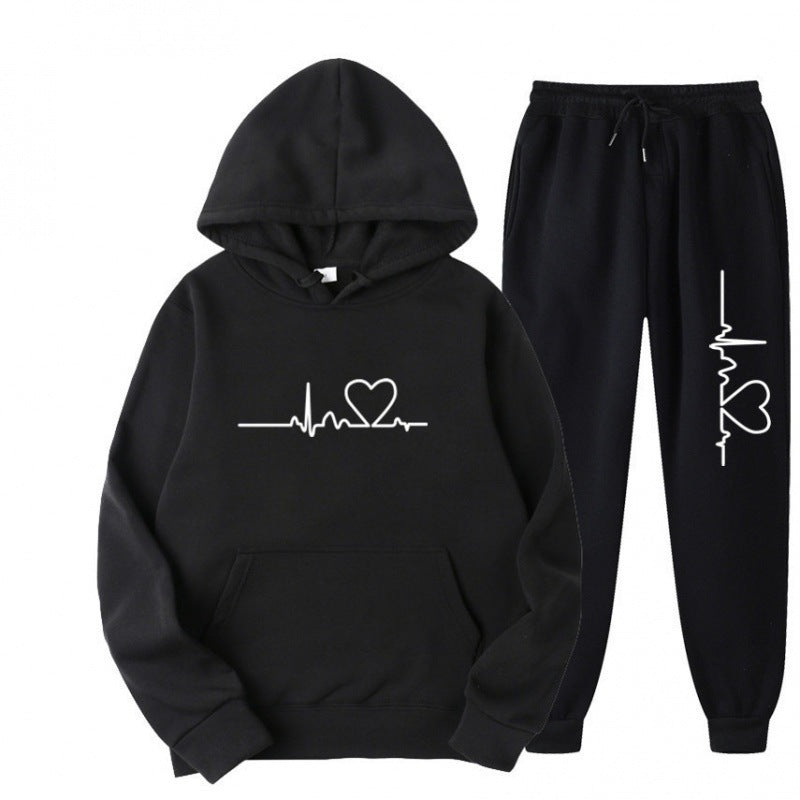 Heart Print Long Sleeve Pullover Hoodie Sweatshirt and Pants Two-Piece Set
