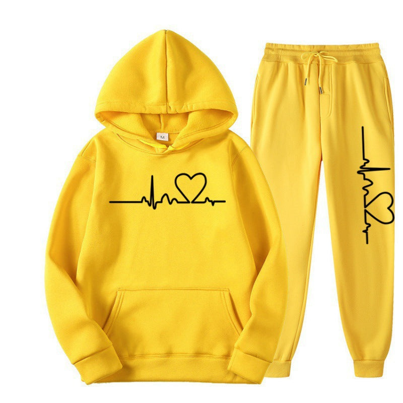 Heart Print Long Sleeve Pullover Hoodie Sweatshirt and Pants Two-Piece Set