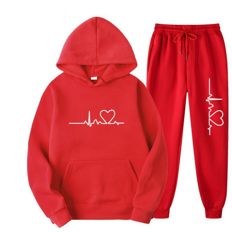 Heart Print Long Sleeve Pullover Hoodie Sweatshirt and Pants Two-Piece Set
