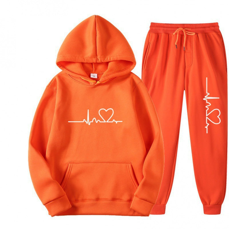 Heart Print Long Sleeve Pullover Hoodie Sweatshirt and Pants Two-Piece Set