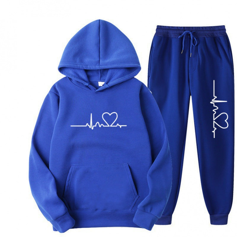 Heart Print Long Sleeve Pullover Hoodie Sweatshirt and Pants Two-Piece Set