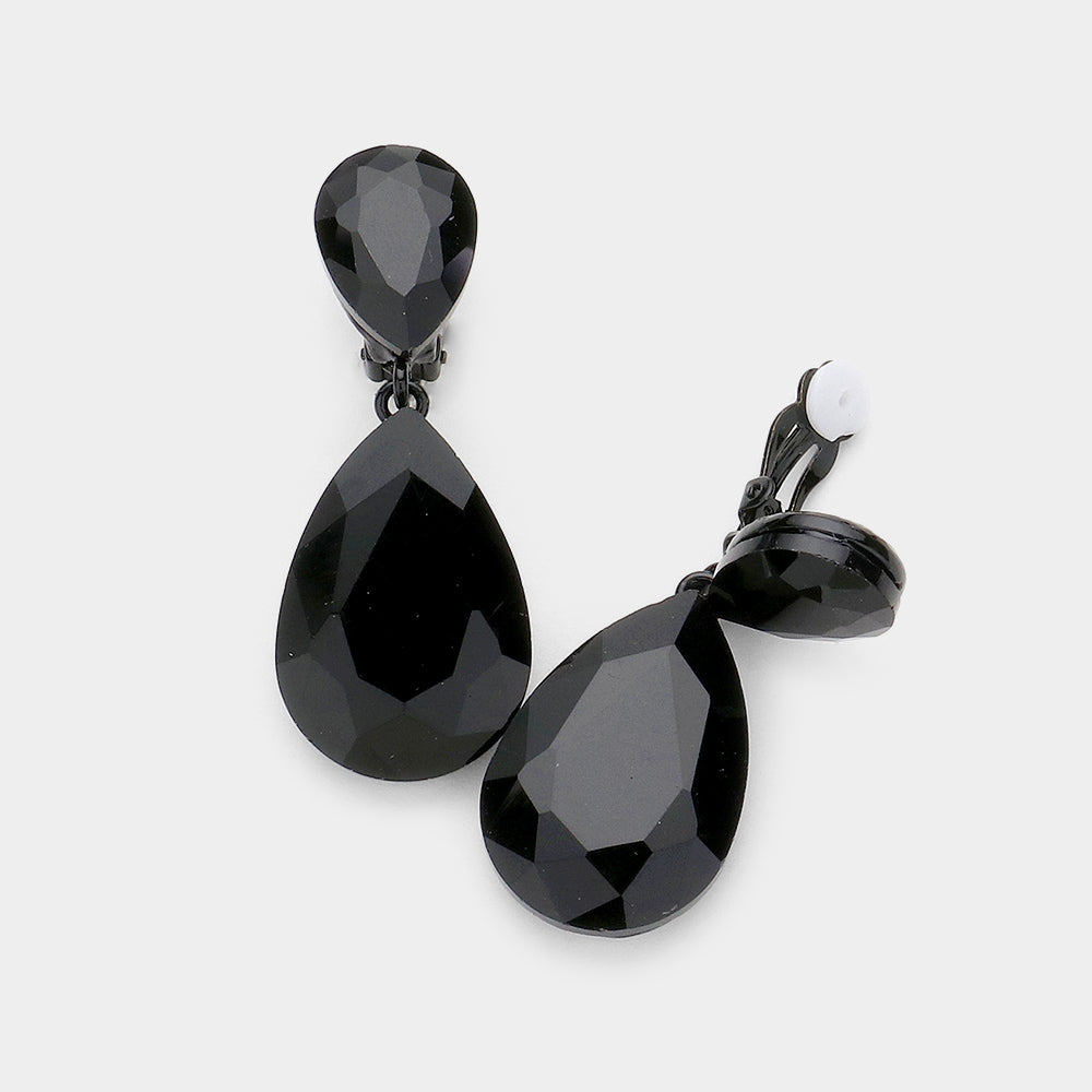 Women's Glass Crystal Double Teardrop Clip on Evening Dangle Earrings