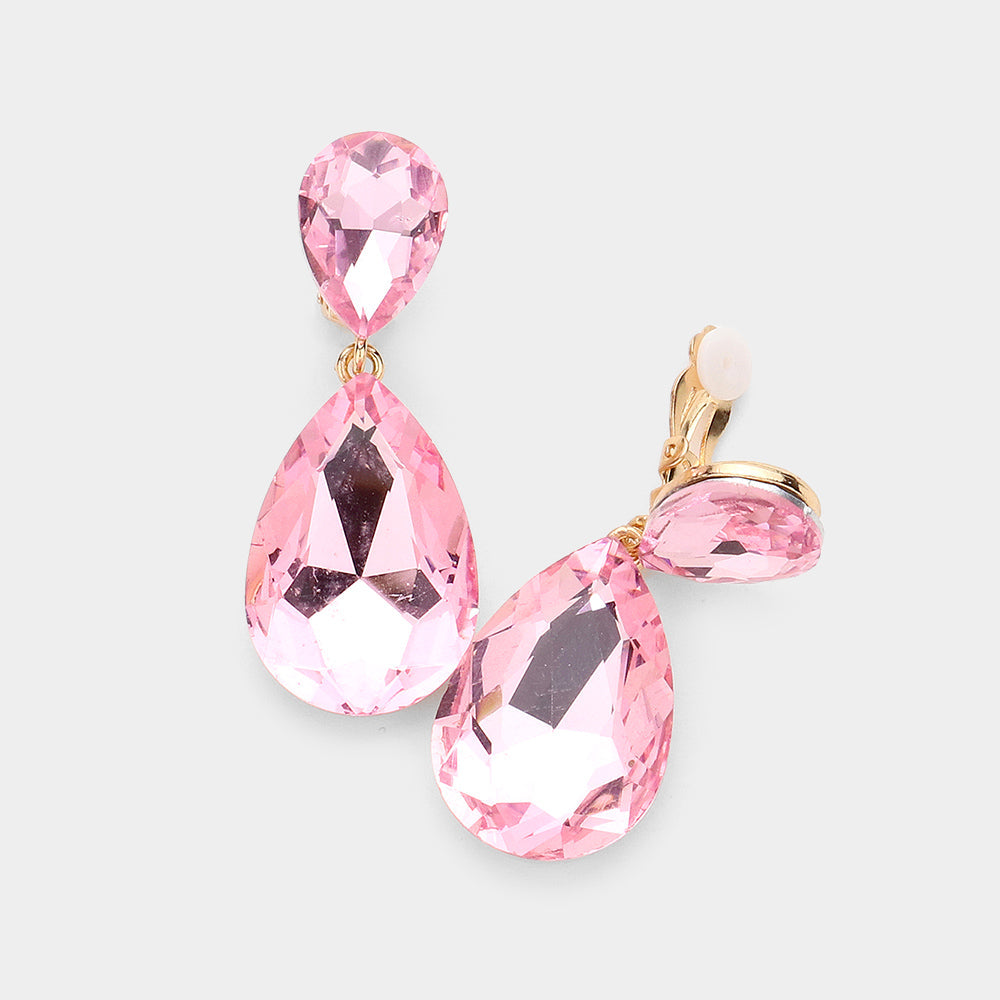 Women's Glass Crystal Double Teardrop Clip on Evening Dangle Earrings