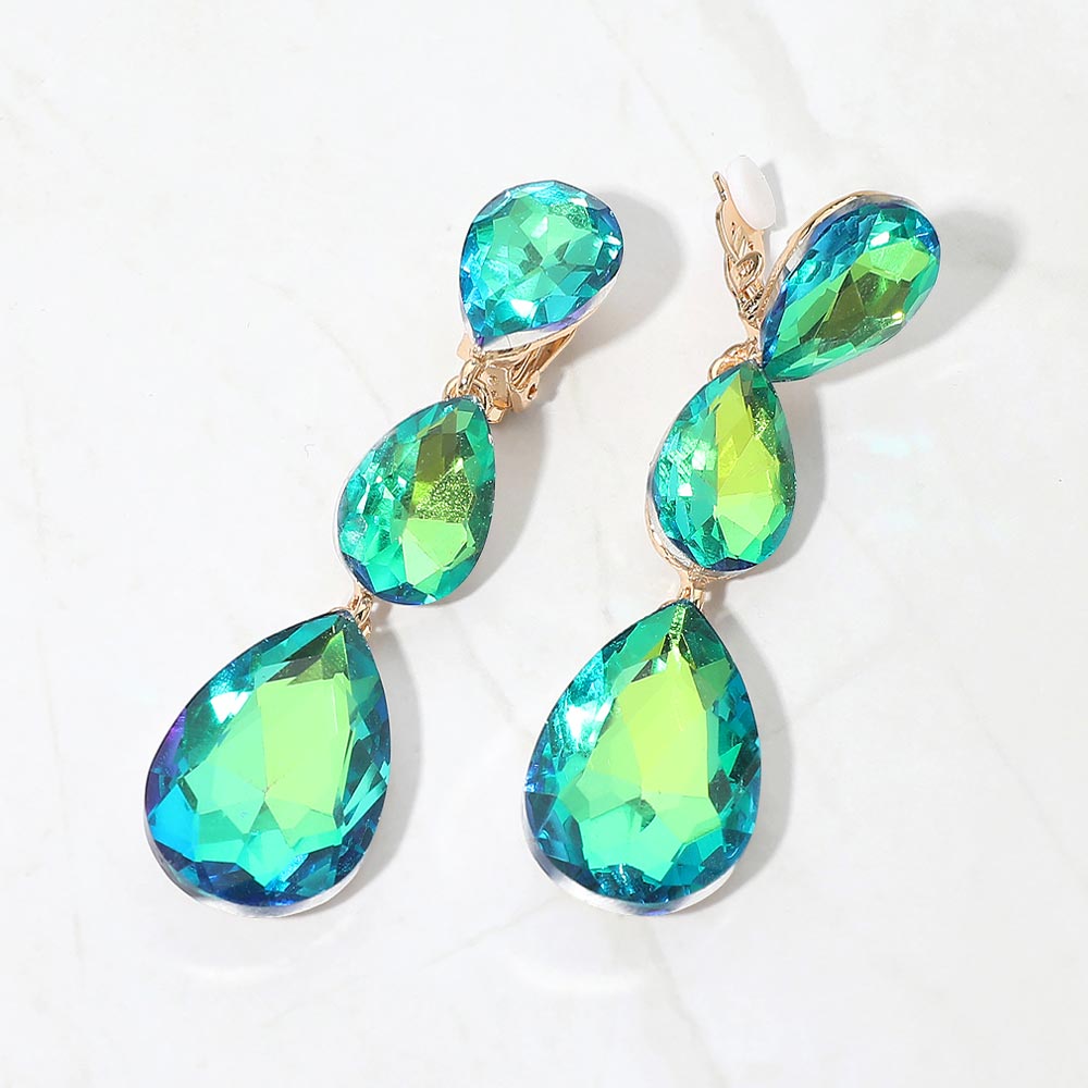 Women's Teardrop Glass Crystal Drop Evening Clip On Dangle Earrings