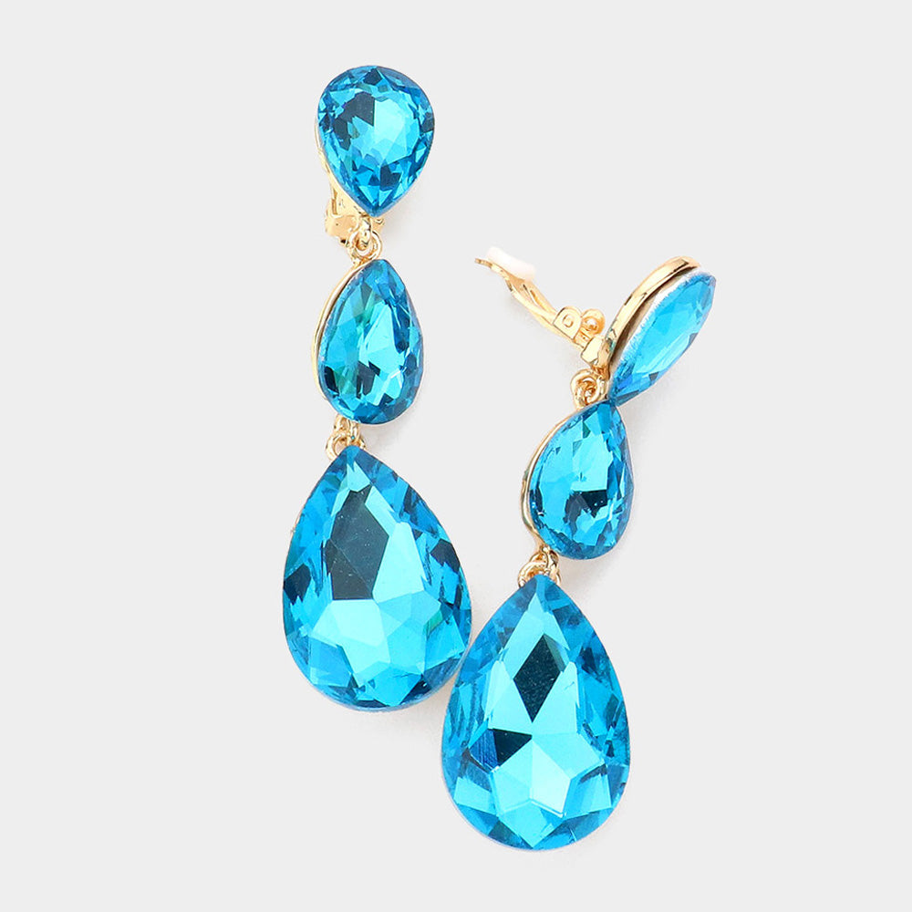 Women's Teardrop Glass Crystal Drop Evening Clip On Dangle Earrings