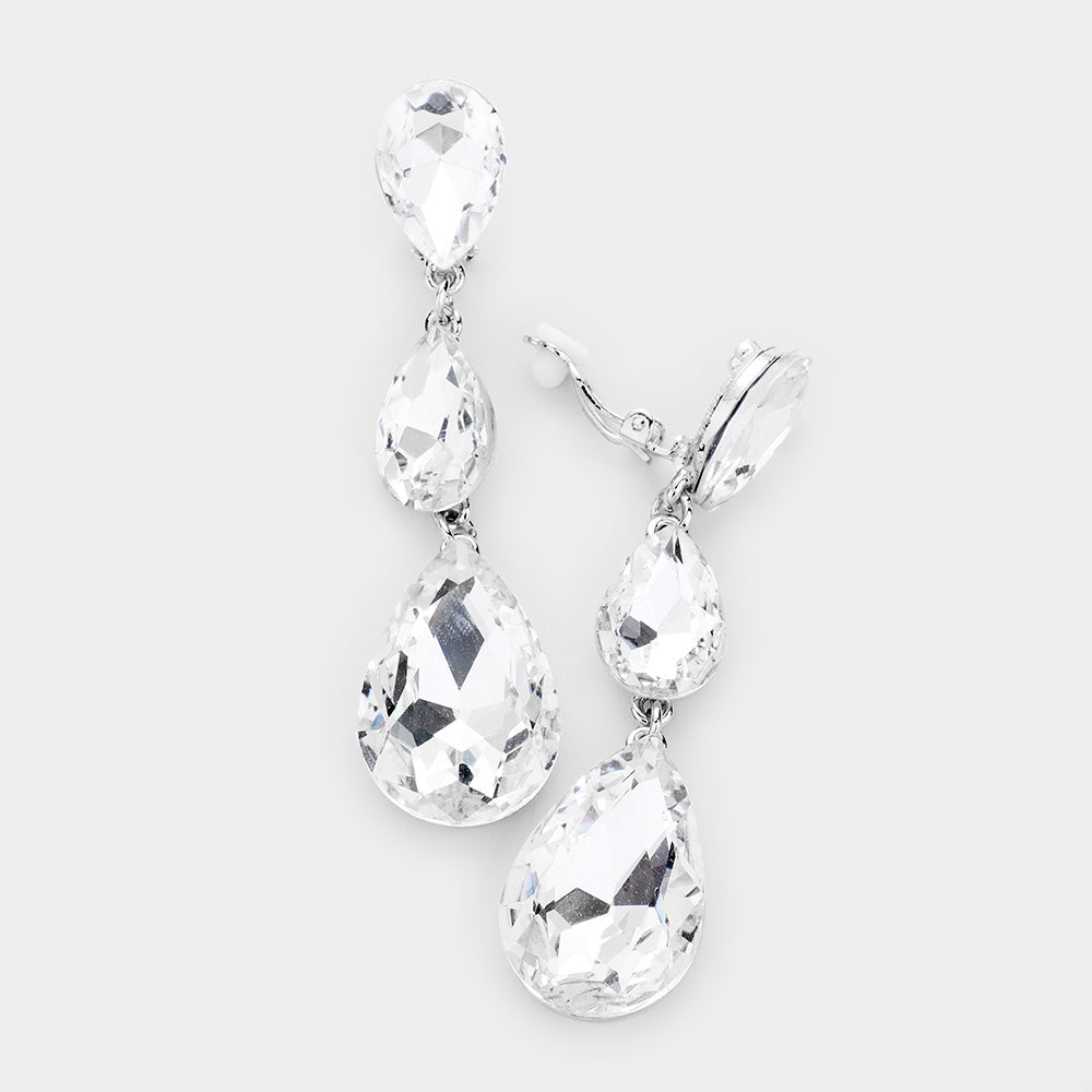 Women's Teardrop Glass Crystal Drop Evening Clip On Dangle Earrings